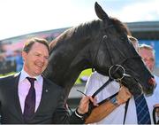 9 September 2023; Trainer Aidan O'Brien and Auguste Rodin after winning the Royal Bahrain Irish Champion Stakes during day one of the Irish Champions Festival at Leopardstown Racecourse in Dublin. Photo by Seb Daly/Sportsfile