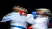 9 September 2023; Ryzvan Talibov of Ukraine, left, in action against Emre Kivanc of USA during their 84+kg Male Kumite in the World Karate Federation Karate 1 Premier League at the National Indoor Arena at Sport Ireland Campus, Dublin. Photo by Tyler Miller/Sportsfile