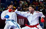 9 September 2023; Sean McCarthy of Ireland, right, in action against Rodrigo Rojas of Chile during their 84+kg Male Kumite in the World Karate Federation Karate 1 Premier League at the National Indoor Arena at Sport Ireland Campus, Dublin. Photo by Tyler Miller/Sportsfile