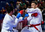 9 September 2023; Sean McCarthy of Ireland, right, in action against Rodrigo Rojas of Chile during their 84+kg Male Kumite in the World Karate Federation Karate 1 Premier League at the National Indoor Arena at Sport Ireland Campus, Dublin. Photo by Tyler Miller/Sportsfile