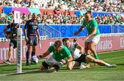 9 September 2023; Peter O’Mahony of Ireland scores his side's tenth try during the 2023 Rugby World Cup Pool B match between Ireland and Romania at Stade de Bordeaux in Bordeaux, France. Photo by Harry Murphy/Sportsfile