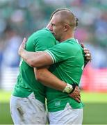 9 September 2023; Keith Earls, right, and Josh van der Flier of Ireland after the 2023 Rugby World Cup Pool B match between Ireland and Romania at Stade de Bordeaux in Bordeaux, France. Photo by Brendan Moran/Sportsfile