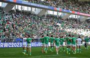 9 September 2023; Ireland players celebrate toward their supporters after the 2023 Rugby World Cup Pool B match between Ireland and Romania at Stade de Bordeaux in Bordeaux, France. Photo by Brendan Moran/Sportsfile