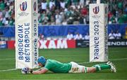 9 September 2023; Tadhg Beirne of Ireland scores his side's 12th try during the 2023 Rugby World Cup Pool B match between Ireland and Romania at Stade de Bordeaux in Bordeaux, France. Photo by Harry Murphy/Sportsfile