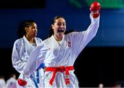 9 September 2023; Julia Daniszewska of Poland celebrates after her victory over Rochelle Walters of England during their 68+kg Female Kumite in the World Karate Federation Karate 1 Premier League at the National Indoor Arena at Sport Ireland Campus, Dublin. Photo by Tyler Miller/Sportsfile