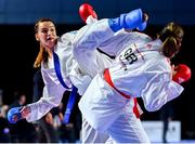 9 September 2023; Nancy Garcia of France, left, in action against Meryem Yildirin of Germany during their 68+kg Female Kumite in the World Karate Federation Karate 1 Premier League at the National Indoor Arena at Sport Ireland Campus, Dublin. Photo by Tyler Miller/Sportsfile