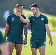 9 September 2023; John Egan, right, and Adam Idah during a Republic of Ireland training session at the FAI National Training Centre in Abbotstown, Dublin. Photo by Stephen McCarthy/Sportsfile