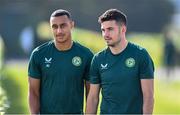 9 September 2023; John Egan, right, and Adam Idah during a Republic of Ireland training session at the FAI National Training Centre in Abbotstown, Dublin. Photo by Stephen McCarthy/Sportsfile