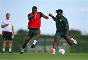 9 September 2023; Festy Ebosele and Sinclair Armstrong, left, during a Republic of Ireland training session at the FAI National Training Centre in Abbotstown, Dublin. Photo by Stephen McCarthy/Sportsfile