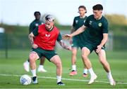 9 September 2023; Aaron Connolly, left, and Dara O'Shea during a Republic of Ireland training session at the FAI National Training Centre in Abbotstown, Dublin. Photo by Stephen McCarthy/Sportsfile