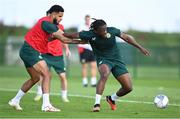 9 September 2023; Jonathan Afolabi, right, and Andrew Omobamidele during a Republic of Ireland training session at the FAI National Training Centre in Abbotstown, Dublin. Photo by Stephen McCarthy/Sportsfile