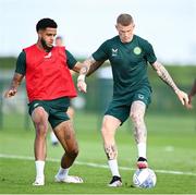 9 September 2023; James McClean and Andrew Omobamidele, left, during a Republic of Ireland training session at the FAI National Training Centre in Abbotstown, Dublin. Photo by Stephen McCarthy/Sportsfile