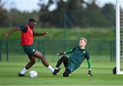 9 September 2023; Sinclair Armstrong and goalkeeper Caoimhin Kelleher, right, during a Republic of Ireland training session at the FAI National Training Centre in Abbotstown, Dublin. Photo by Stephen McCarthy/Sportsfile