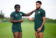 9 September 2023; Festy Ebosele, left, and Andrew Omobamidele during a Republic of Ireland training session at the FAI National Training Centre in Abbotstown, Dublin. Photo by Stephen McCarthy/Sportsfile