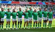 9 September 2023; Ireland players, from left, Peter O’Mahony, Garry Ringrose, Andrew Porter, Caelan Doris, Rob Herring, James Ryan, Tadhg Furlong, Tadhg Beirne, Joe McCarthy and captain Jonathan Sexton stand for the national anthems before the 2023 Rugby World Cup Pool B match between Ireland and Romania at Stade de Bordeaux in Bordeaux, France. Photo by Brendan Moran/Sportsfile
