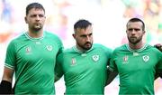 9 September 2023; Ireland players, from left, Iain Henderson, Rónan Kelleher and Mack Hansen stand for the national anthems before the 2023 Rugby World Cup Pool B match between Ireland and Romania at Stade de Bordeaux in Bordeaux, France. Photo by Brendan Moran/Sportsfile