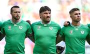 9 September 2023; Ireland players, from left, Mack Hansen, Tom O’Toole and Jack Crowley stand for the national anthems before the 2023 Rugby World Cup Pool B match between Ireland and Romania at Stade de Bordeaux in Bordeaux, France. Photo by Brendan Moran/Sportsfile