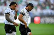 9 September 2023; Hinckley Vaovasa, right, and Tevita Manumua of Romania leave the pitch after the 2023 Rugby World Cup Pool B match between Ireland and Romania at Stade de Bordeaux in Bordeaux, France. Photo by Brendan Moran/Sportsfile