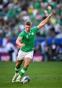9 September 2023; Jack Crowley of Ireland kicks a conversion during the 2023 Rugby World Cup Pool B match between Ireland and Romania at Stade de Bordeaux in Bordeaux, France. Photo by Harry Murphy/Sportsfile