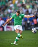 9 September 2023; Jack Crowley of Ireland kicks a conversion during the 2023 Rugby World Cup Pool B match between Ireland and Romania at Stade de Bordeaux in Bordeaux, France. Photo by Harry Murphy/Sportsfile