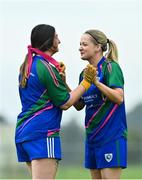 10 September 2023; Alisha Teddy of Glynn Barntown, left, and teammate Ann Hanley celebrate after an out during the GAA Rounders All Ireland Senior Finals match between Breaffy GAA and Glynn Barntown at Kinnegad GAA in Kinnegad, Westmeath. Photo by Tyler Miller/Sportsfile