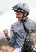 10 September 2023; Daniel Tudhope on Fallen Angel celebrates after winning The Moyglare Stud Stakes on day two of the Irish Champions Festival at The Curragh Racecourse in Kildare. Photo by Matt Browne/Sportsfile