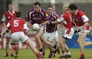3 July 2004; Joe Bergin, Galway, in action against Derek Shevlin (5) and Paudie Mallon, Louth. Bank of Ireland Football Championship Qualifier, Round 2, Galway v Louth, Parnell Park, Dublin. Picture credit; SPORTSFILE