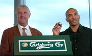 5 July 2004; Republic of Ireland U.21 manager Don Given, left, with former Republic of Ireland international Curtis Fleming at the draw for the second round of the 2004 Carlsberg FAI Cup at the Gravity Bar. Guinness Hopstore, Dublin. Picture credit; David Maher / SPORTSFILE