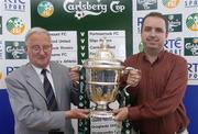 5 July 2004; Michael Cody, left, Cobh Ramblers, and  Gary Spain, Limerick F.C, at the draw for the second round of the 2004 Carlsberg FAI Cup at the Gravity Bar. Guinness Hopstore, Dublin. Picture credit; David Maher / SPORTSFILE