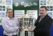 5 July 2004; Eddie Gormley, left, Bray Wanderers captain, with Ger Bickerstaffe, Kilkenny City manager, at the draw for the second round of the 2004 Carlsberg FAI Cup at the Gravity Bar. Guinness Hopstore, Dublin. Picture credit; David Maher / SPORTSFILE