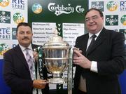 5 July 2004; John Gill, left, Dublin City manager, and  Martin Reape, Monaghan United, at the draw for the second round of the 2004 Carlsberg FAI Cup at the Gravity Bar. Guinness Hopstore, Dublin. Picture credit; David Maher / SPORTSFILE