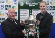5 July 2004; Paul O'Connell, left, Quay Celtic, with David Shanley, Drumcondra F.C captain, at the draw for the second round of the 2004 Carlsberg FAI Cup at the Gravity Bar. Guinness Hopstore, Dublin. Picture credit; David Maher / SPORTSFILE
