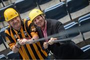 28 August 2013; The Sunday Game Presenter Michael Lyster was joined today in Croke Park by motor neurone disease (MND) sufferer Paul Lannon and friends sporting their county colours to encourage others from across Ireland to abseil 100ft off the Hogan Stand in aid of the Irish Motor Neurone Disease Association (IMNDA). At the event is Michael Lyster with Paul Lannon, from Knocktopher, Co. Kilkenny, left. Croke Park, Dublin. Picture credit: Brian Lawless / SPORTSFILE