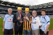 28 August 2013; The Sunday Game Presenter Michael Lyster was joined today in Croke Park by motor neurone disease (MND) sufferer Paul Lannon and friends sporting their county colours to encourage others from across Ireland to abseil 100ft off the Hogan Stand in aid of the Irish Motor Neurone Disease Association (IMNDA). At the event is Michael Lyster and Paul Lannon, from Knocktopher, Co. Kilkenny, with Dublin supporters, from left, Seamus Bonner, Owen Taaffe, and Rob Coombes. Croke Park, Dublin. Picture credit: Brian Lawless / SPORTSFILE