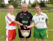 1 September 2013; Referee Brian McCallion along with Derry captain Ashelene Groogan and Offaly captain Siobhan Flannery. All-Ireland Ladies Football Junior Championship, Semi-Final, Offaly v Derry, Carrickmacross Emmets GAA Club, Emmet Park, Monaghan. Picture credit: Oliver McVeigh / SPORTSFILE