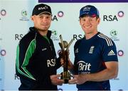 2 September 2013; Ireland captain William Porterfield, left, and England captain Eoin Morgan, with the RSA Challenge trophy, ahead of their RSA Challenge One Day International on Tuesday. Ireland Cricket Press Conference, Malahide, Co, Dublin. Photo by Sportsfile