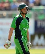 3 September 2013; Kevin O'Brien, Ireland, leaves the field after being caught out by Eoin Morgan, England. The RSA Challenge ODI, Ireland v England, Malahide Cricket Club, Malahide, Co. Dublin. Photo by Sportsfile