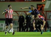 3 September 2013; Anto Flood, St Patrick’s Athletic, is tackled by Shane McEleney, right, as Ruaidhri Higgins, Derry City, looks on. Airtricity League Premier Division, Derry City v St Patrick’s Athletic, Brandywell Stadium, Derry. Picture credit: Oliver McVeigh / SPORTSFILE