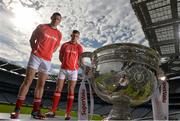 4 September 2013; SuperValu, proud sponsors of the GAA All-Ireland Football Championship, teamed up with Mayo’s Aidan O’Shea, right, and Dublin’s Denis Bastick at the final of the SuperValu Community GAA competition at Croke Park. Four provincial winners Cordal, Munster, Kilanerin-Ballyfad, Leinster, Naomhfeichin, Connacht, and Realt na Mara, Ulster, were pitching to win a bursary of €10,000 to benefit their local club. The overall winner will be announced ahead of the All-Ireland Final on September 22nd. Croke Park, Dublin. Picture credit: Brian Lawless / SPORTSFILE