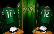 10 September 2023; A view of the jerseys assigned to James McClean and Nathan Collins hanging in the dressing room before the UEFA EURO 2024 Championship qualifying group B match between Republic of Ireland and Netherlands at the Aviva Stadium in Dublin. Photo by Stephen McCarthy/Sportsfile