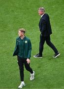 10 September 2023; Nathan Collins of Republic of Ireland, with manager Stephen Kenny before the UEFA EURO 2024 Championship qualifying group B match between Republic of Ireland and Netherlands at the Aviva Stadium in Dublin. Photo by Ben McShane/Sportsfile