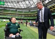10 September 2023; Republic of Ireland manager Stephen Kenny with Republic of Ireland supporter Daire Gorman, from Dunraymond, Monaghan, before the UEFA EURO 2024 Championship qualifying group B match between Republic of Ireland and Netherlands at the Aviva Stadium in Dublin. Photo by Stephen McCarthy/Sportsfile