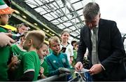10 September 2023; Republic of Ireland manager Stephen Kenny signs autographs for supporters before the UEFA EURO 2024 Championship qualifying group B match between Republic of Ireland and Netherlands at the Aviva Stadium in Dublin. Photo by Photo by Seb Daly/Sportsfile