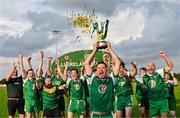 10 September 2023; Carrickmacross Emmets captain Colm Kiernan celebrates with the trophy after his side's victory during the GAA Rounders All Ireland Senior Finals match between Carrickmacross Emmets and Erne Eagles at Kinnegad GAA in Kinnegad, Westmeath. Photo by Tyler Miller/Sportsfile
