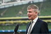 10 September 2023; Republic of Ireland manager Stephen Kenny is interviewed before the UEFA EURO 2024 Championship qualifying group B match between Republic of Ireland and Netherlands at the Aviva Stadium in Dublin. Photo by Seb Daly/Sportsfile