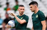 10 September 2023; Alan Browne, left, and John Egan of Republic of Ireland before the UEFA EURO 2024 Championship qualifying group B match between Republic of Ireland and Netherlands at the Aviva Stadium in Dublin. Photo by Stephen McCarthy/Sportsfile