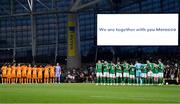 10 September 2023; Players, match officials and supporters take part in a moments silence for the victims in the Morocco earthquake before the UEFA EURO 2024 Championship qualifying group B match between Republic of Ireland and Netherlands at the Aviva Stadium in Dublin. Photo by Sam Barnes/Sportsfile