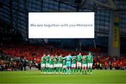 10 September 2023; Republic of Ireland players take part in a moments silence for the victims in the Morocco earthquake before the UEFA EURO 2024 Championship qualifying group B match between Republic of Ireland and Netherlands at the Aviva Stadium in Dublin. Photo by Michael P Ryan/Sportsfile
