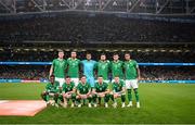 10 September 2023; The Republic of Ireland team, back row, from left, Nathan Collins, Shane Duffy, Gavin Bazunu, Matt Doherty, John Egan and Adam Idah with, front row, Chiedozie Ogbene, Jason Knight, Josh Cullen, Alan Browne and James McClean before the UEFA EURO 2024 Championship qualifying group B match between Republic of Ireland and Netherlands at the Aviva Stadium in Dublin. Photo by Stephen McCarthy/Sportsfile