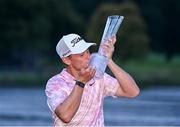 10 September 2023; Vincent Norrman of Sweden celebrates with the trophy after the Horizon Irish Open Golf Championship at The K Club in Straffan, Kildare. Photo by Ramsey Cardy/Sportsfile